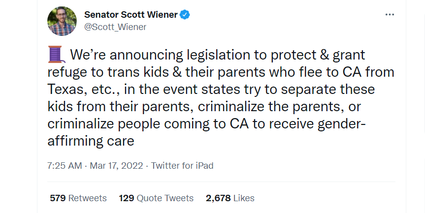 CA State Sen. Scott Wiener introduces bill that would give asylum to trans youth and their families fleeing persecution from emerging anti-trans policies in other states.
