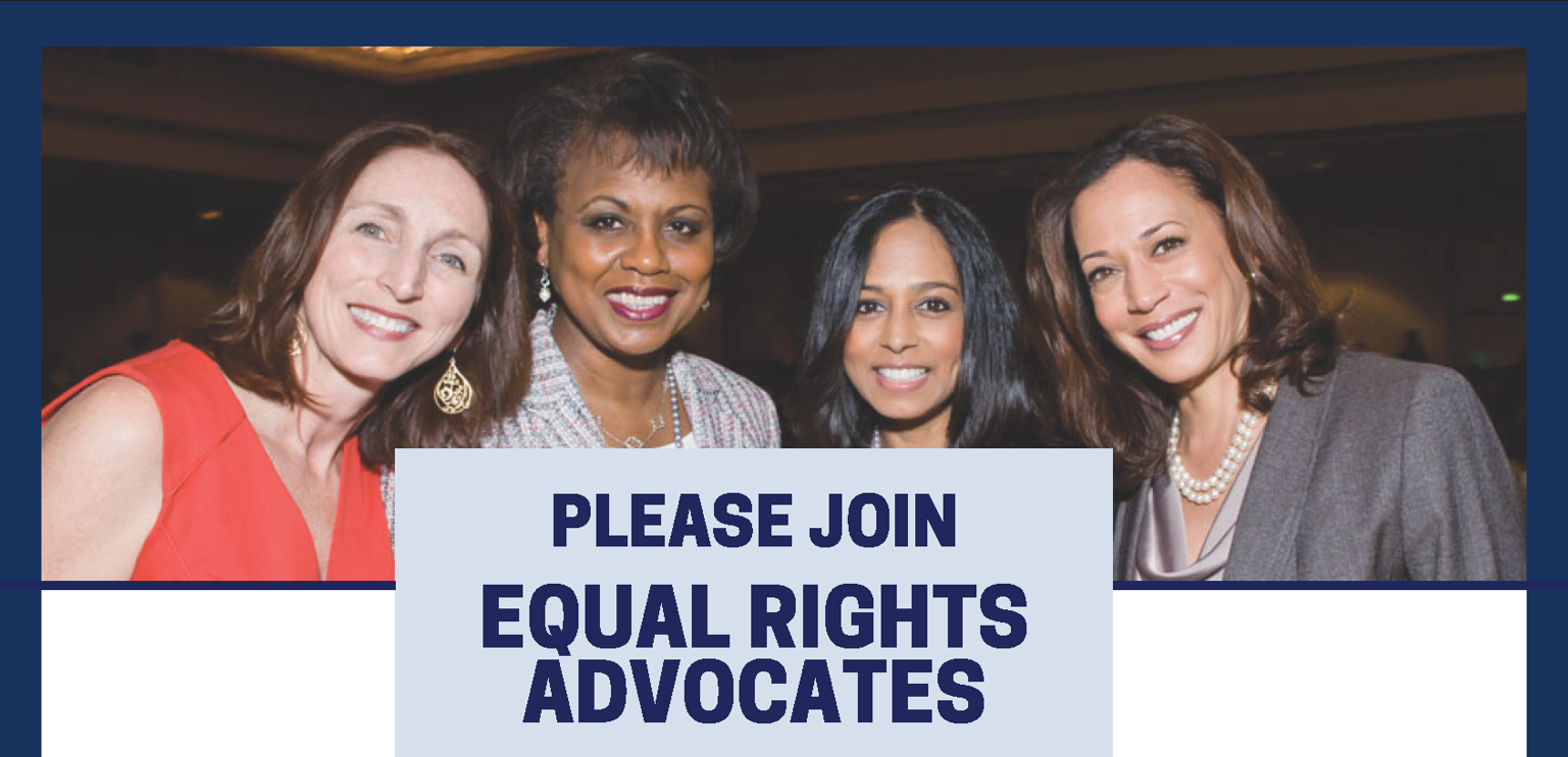 A photo of 4 women, from L to R: Noreen Farrell, Executive Director of Equal Rights Advocates, wearing a red dress; Anita Hill, wearing a gray blazer, a women with long black hair, and Vice President Kalama Harris, wearing a gray blazer. The image says 