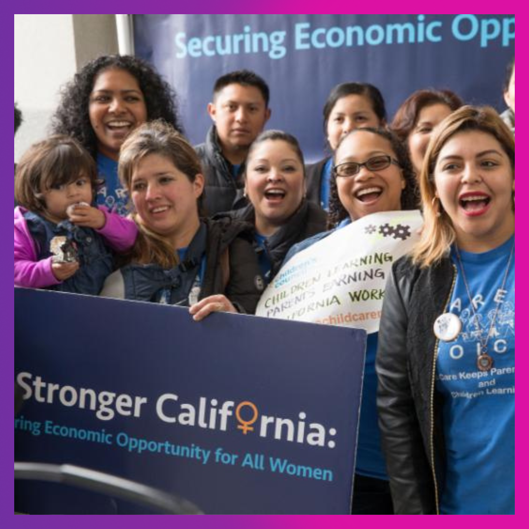 Photo of a group of people ranging in age, gender, race, etc cheering in and holding a Stronger California sign that says: Economic Opportunity for All Women