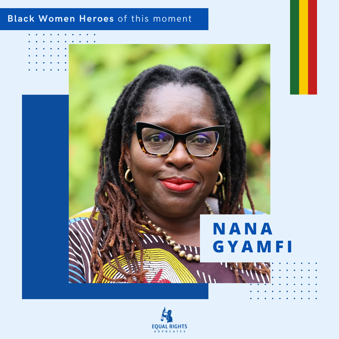 photo of Nana Gyamfi with labeling for Black History Month. She wears black cat eye glasses, bright red lipstick, long locs, and a blurred but green, leafy background.